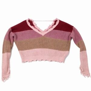 Forever 21 Womens Pink Striped Distressed Cropped Knit Sweater V-Neck Small